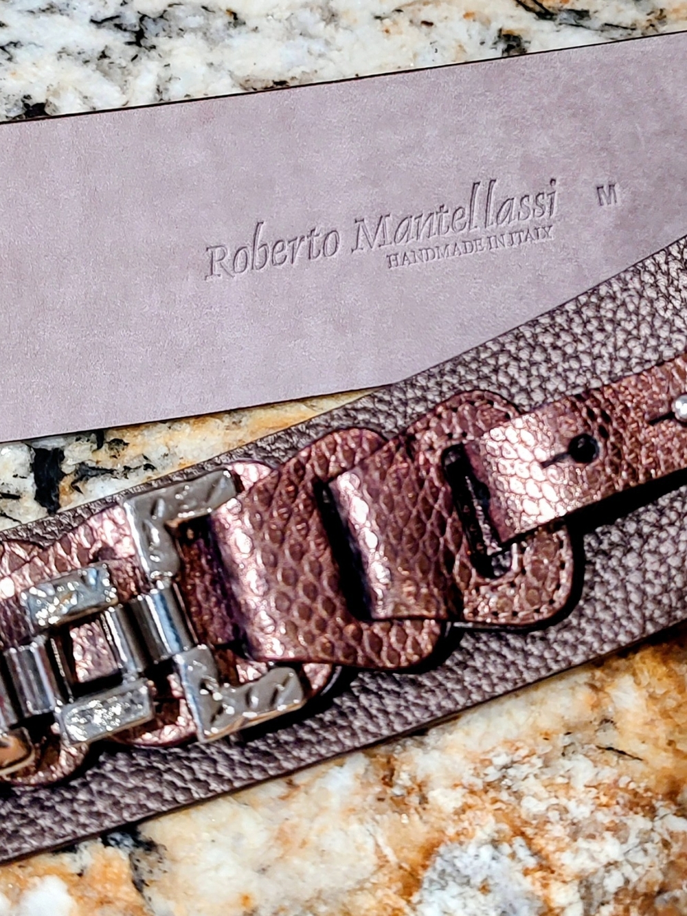 Roberto Mantellassi Italian Leather Belt W Hammered  Chain-Link Embellishments